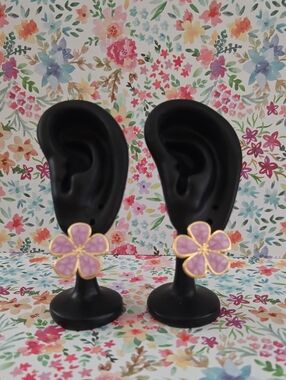 Gold-Trim Purple Flower Earrings - Women Accessories